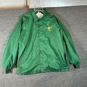 Vintage WestArk Satin Bomber Jacket Trinity Industries Logo Snap Front Green‎ XL